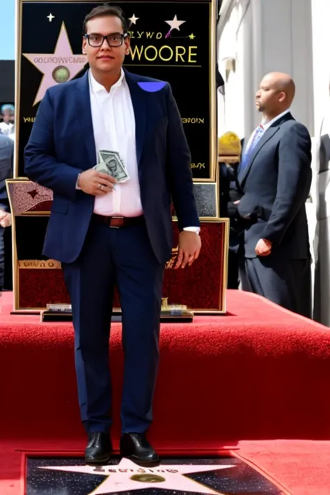 S4NTOS posing at his star on the hollywood walk of fame holding a wad of cash