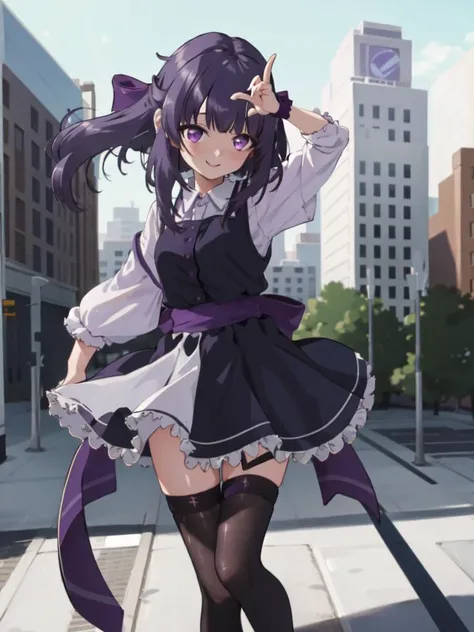 masterpiece, best quality, 1girl, solo, full body, happy, dancing, windy, public place background, skindentation, thigh gap, thighhighs, dress with frills, fallenshadow, purple eyes, hair bow, sidelocks, purple hair, <lora:char-shondo:1>