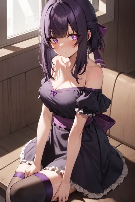 1girl, solo, fallenshadow, (plump:0.8), breasts, purple hair, medium hair, hair bow, sidelocks, purple eyes, purple dress, summer dress, thighhighs, ribbons, frills, sitting, indoors, cafe, looking at viewer, :\<