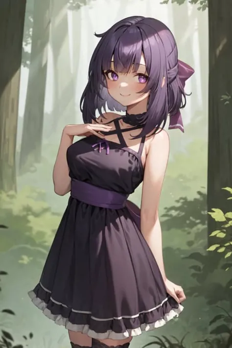 1girl, solo, fallenshadow, (plump:0.8), breasts, purple hair, medium hair, hair bow, sidelocks, purple eyes, purple dress, summer dress, thighhighs, ribbons, frills, standing, forest, outdoors, foggy, looking at viewer, smile