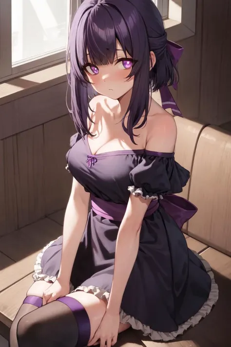 1girl, solo, fallenshadow, (plump:0.8), breasts, purple hair, medium hair, hair bow, sidelocks, purple eyes, purple dress, summer dress, thighhighs, ribbons, frills, sitting, indoors, cafe, looking at viewer, :\<