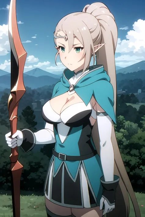 masterpiece, key visual, intricate, 1girl, blue sky, bow \(weapon\), cape, cloud, cloudy sky, day, gloves, hood, hood down, long hair, mountain, mountainous horizon, outdoors, pointy ears, polearm, ponytail, sky, solo, spear, weapon, light brown hair, selene, green eyes