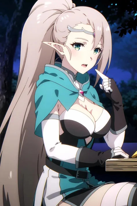 masterpiece, key visual, intricate, 1girl, breasts, cape, elf, fingerless gloves, gem, gloves, high ponytail, jewelry, letterboxed, long hair, looking at viewer, night, open mouth, pointy ears, ponytail, sitting, solo, thighhighs, light brown hair, selene, green eyes