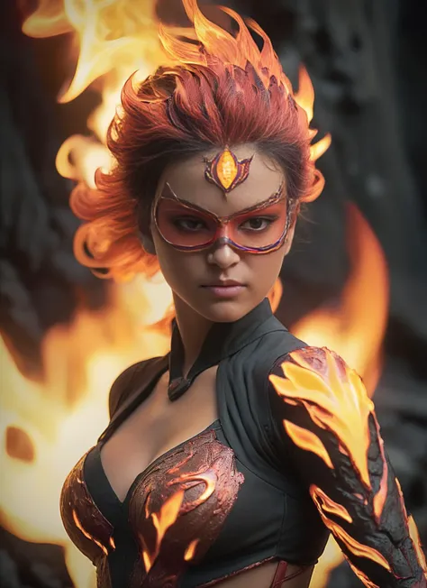 Ignis Inferno's costume is forged from molten lava, flowing and pulsating with the heat of her fiery powers. The material shimmers with hues of red, orange, and gold, symbolizing the intense flames she commands.
Her bodice, crafted from cooled lava rock, is adorned with intricate patterns that resemble crackling flames. Leggings of molten lava cascade down her legs, radiating warmth and power.
But the most striking feature of her attire is her maskâa veil of living flame that covers her entire face, leaving only her mouth exposed. The flames dance and flicker, casting eerie shadows as she moves, concealing her identity while embodying the raw power of fire itself.
With her abilities to manipulate flames with unparalleled precision, Ignis Inferno stands as a guardian against injustice, using her fiery arsenal to protect the innocent and ignite hope in the hearts of those in need.
Her unwavering resolve and blazing spirit make her a formidable force for good in a world that often finds itself engulfed in darkness.
 <lora:SDXLHighDetail_v5:1>  <lora:hotarusaturation_1_v100:1.2> , BadDream,  epiCPhoto