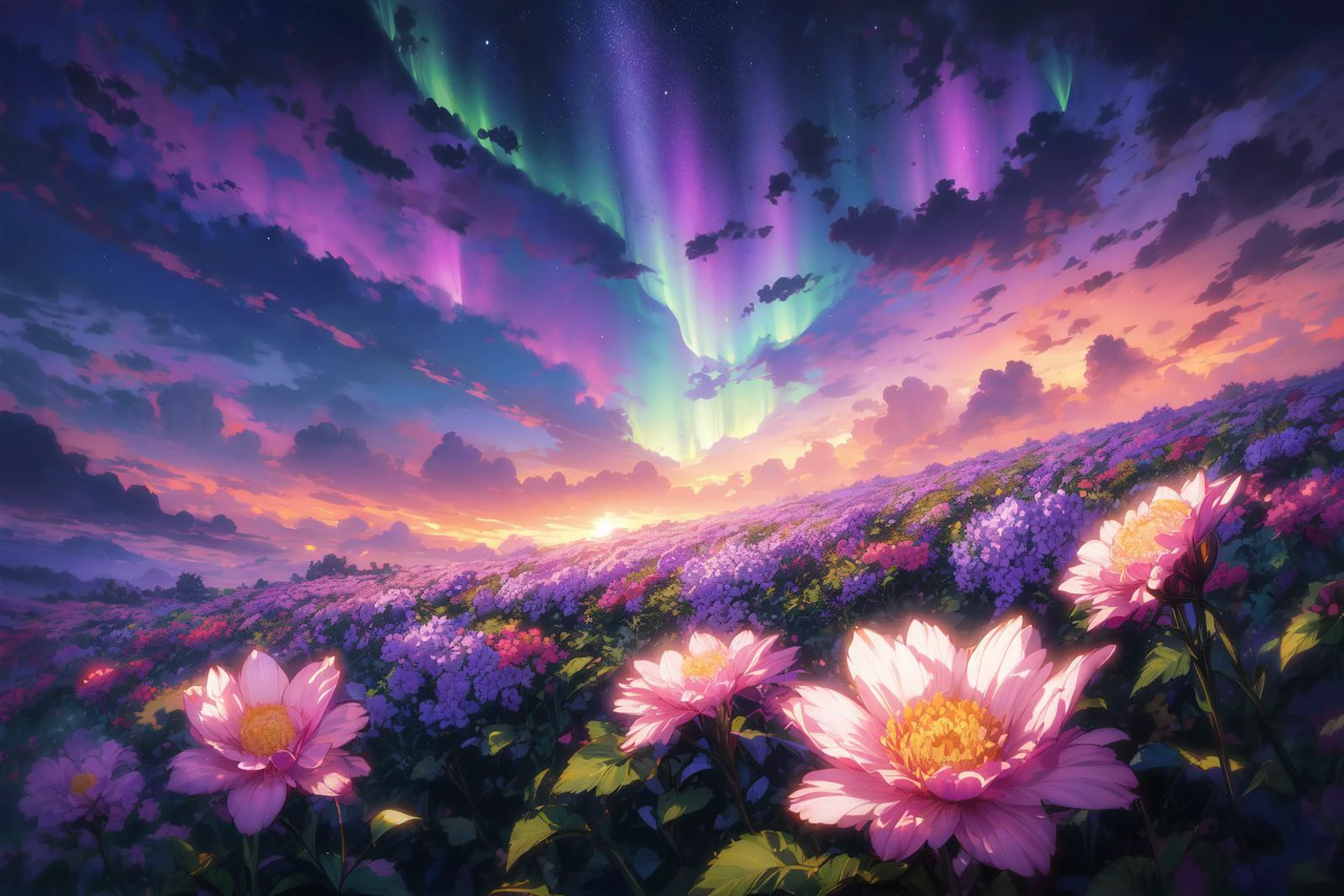 A digital painting of cosmic flowers,The flower's petals have a gradient from deep purple at the edges to a bright blue towards the center,fog,intricate details,extremely detailed,masterpiece,Outstanding intricacies,best quality,hires textures,high detail,incredibly detailed,nocturnal beauty,breathtaking cosmic sky,Northern Lights,with a touch of purple and pink nebulas adding depth and a sense of wonder,moonlit landscapes,capturing the essence of darkness,ethereal atmosphere,dramatic shadows,magical ambiance,long exposure techniques,expert use of light sources,a subtle glow illuminating the flowers from an unseen light source,creating a surreal and mesmerizing atmosphere..,<lora:LAS:0.1>,<lora:more_details:0.8>,<lora:hotarusaturation_1_v100:0.1>,