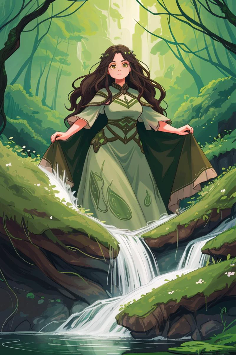 Introducing Terra, the Earth Elemental Heroine: Her suit is a harmonious blend of rich, earthen tones, with accents of emerald green and deep brown reminiscent of lush forests and fertile soil. The emblem on her chest resembles a rugged mountain peak, symbolizing her unwavering strength and resilience. Intricate patterns of intertwining vines and roots adorn her attire, reflecting her connection to the natural world. Her cape, flowing like cascading waterfalls, adds a touch of elegance to her formidable presence. With each step, she exudes an aura of grounded power, embodying the very essence of the earth itself.. <lora:SDXLHighDetail_v5:1> <lora:spiderweb:1> <lora:hotarusaturation_1_v100:1>