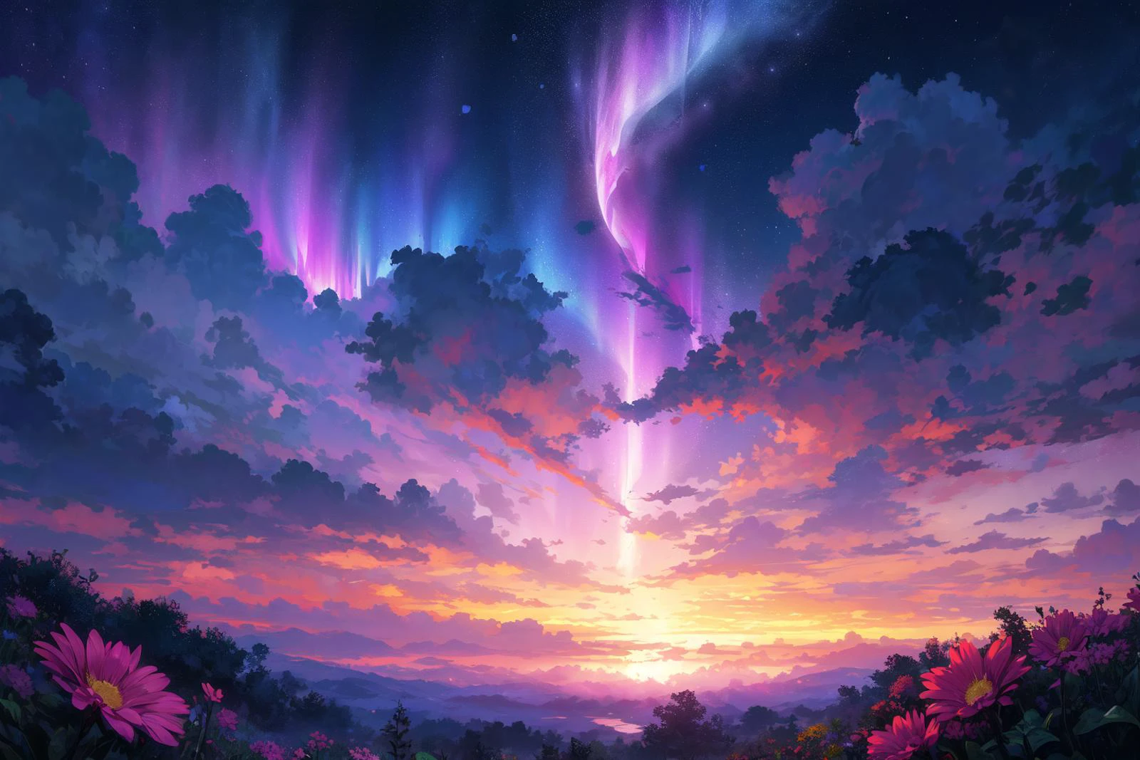 A digital painting of cosmic flowers,The flower's petals have a gradient from deep purple at the edges to a bright blue towards the center,fog,intricate details,extremely detailed,masterpiece,Outstanding intricacies,best quality,hires textures,high detail,incredibly detailed,nocturnal beauty,breathtaking cosmic sky,Northern Lights,with a touch of purple and pink nebulas adding depth and a sense of wonder,moonlit landscapes,capturing the essence of darkness,ethereal atmosphere,dramatic shadows,magical ambiance,long exposure techniques,expert use of light sources,a subtle glow illuminating the flowers from an unseen light source,creating a surreal and mesmerizing atmosphere..,<lora:LAS:0.1>,<lora:more_details:0.8>,<lora:hotarusaturation_1_v100:0.1>,