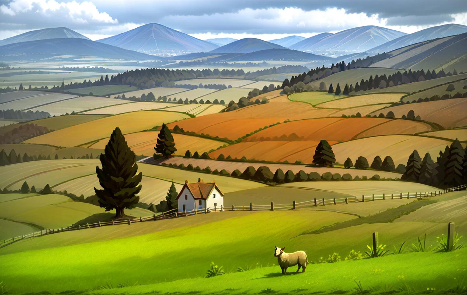 building, bush, chain-link fence, city, cloud, day, fence, field, flower, flower field, forest, garden, grass, green theme, hill, horizon, house, lake, landscape, mountain, nature, no humans, on grass, outdoors, path, river, road, scenery, sky, tree, sheep, green theme, Saint Patrick's Day, Ireland countryside, overhead, landscape, clouds, <lora:Add_horror_slider_v21:0.45>, <lora:add_Colorful_000000250:1.55>, <lora:Add_color_enrich_strong_hotarusaturation_3_v100:1.32>, grey sky, rainy, March weather, god rays from clouds, <lora:add_contrast_slider_v10:0.45> <lora:LCM_SD15:1.0>