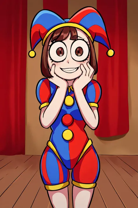 cartoon, 1girl, pomni, clown clothes, medium breasts, (brown eyes:1.2), standing, (upper body:1.2), hand on own face, looking at viewer, solo, crazy smile, yandere, circus, stage curtains, wooden floor, (detailed, highres:1.4) <lora:Character_The.Amazing.Digital.Circus_Pomni:0.95> <lora:Concept_Yandere.Trance:0.6>