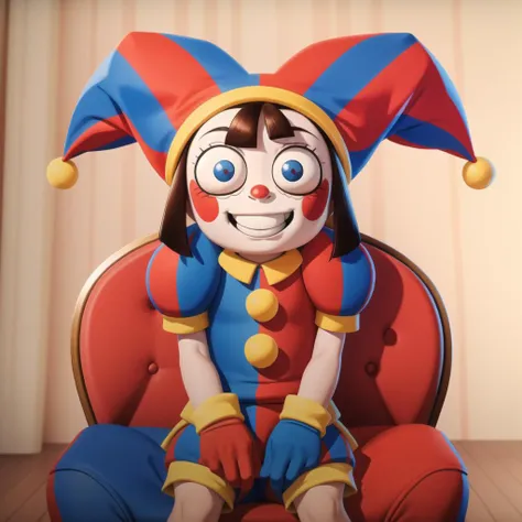 <lora:pomni:0.8>, pomni, solo, gloves red and blue, hat, pom pom (clothes), facepaint, jester cap, clown, sitting on chair, smiling, clenched teeth