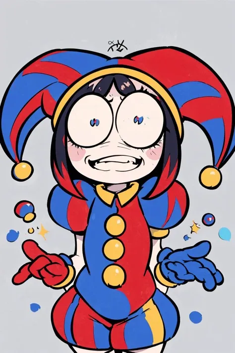 smug, smile, laughing, from below, perspective, 
pomni, 1girl, standing, solo, pom pom (clothes),
MULTICOLORED CLOTHES, JESTER CAP, PUFFY SHORT SLEEVES, GLOVES, BUTTONS, COLORED SKIN, SYMBOL-SHAPED PUPILS, RED EYES, BLUE EYES, simple background, grey background,  <lora:pomni:1>