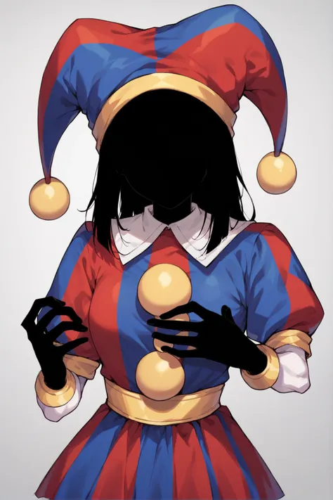 <lora:ShadowPerson-000004:1>, 1girl, solo, ShadowPerson, colored skin, black skin, black hair, faceless, silhouette,  <lora:pomni:0.6>, clown outfit, jester cap,, score_9, score_8_up, score_7_up,