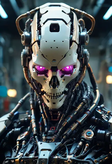 Cyberpunk, sci-fi, dark-fantasy, kodak portrait 400, 8k, soft light, volumetric lighting, highly detailed, britt marling style 3/4, portrait photo of a war man cyborg robot in a chemical laboratory + face, face is skullbone with scares, intricate, elegant, highly detailed, devil-armor, 2D motifs detailed dark fantasy digital painting, artstation, concept art, smooth, sharp focus, illustration, art by Otomo Katsuhiro and ShirÅ Masamune and Oshii Mamoru. Cosmic light in backfront