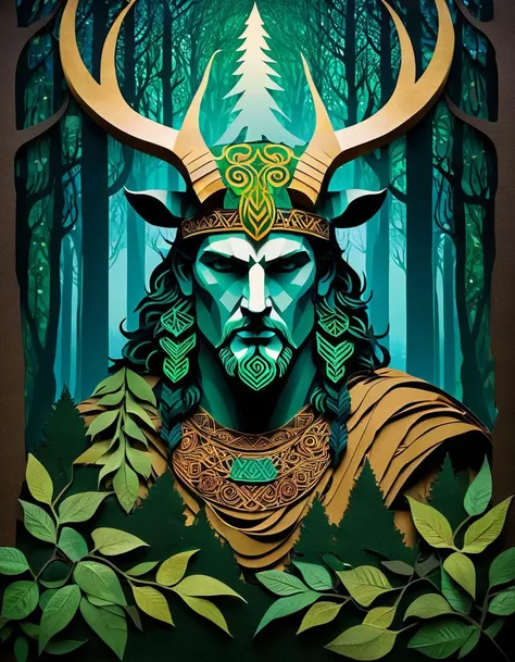 Papercut collage of Kernunn was the god of fertility, forests and wild animals. He was depicted as a man with horns on his head and was honored by the ancient Celts as a powerful force of nature. details, high quality, soft cinematic light, dramatic atmosphere, atmospheric perspective . Mixed media, textured paper, overlapping, asymmetrical, abstract, vibrant