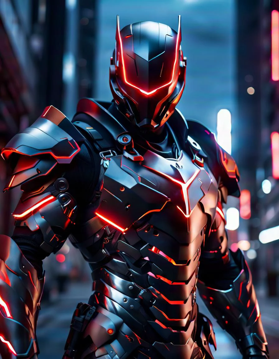 cinematic photo a man in a suit with red lights, trending on unreal engine, clothed in cyber armour, black armor, lightning background, by Ben Enwonwu, ultra view, crow in cyber armour, muscular male hero, opaque visor, grey metal body . 35mm photograph, film, bokeh, professional, 4k, highly detailed