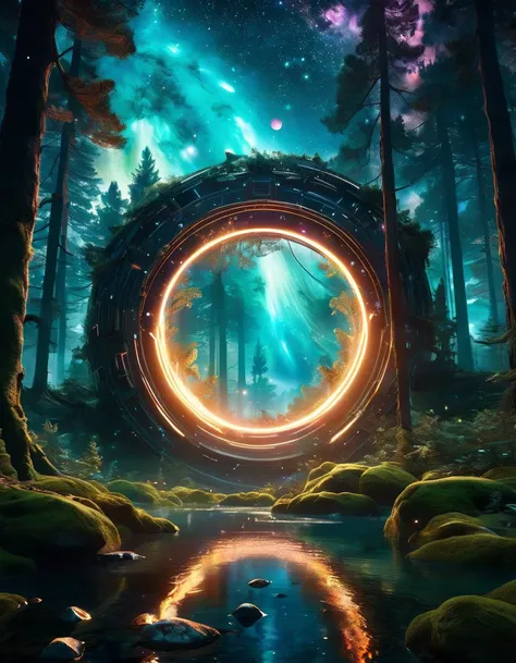 Space-themed Hyperrealistic art fantasy forest landscape, a magic  portal in the forest, a detailed matte painting by Mike Winkelmann, cgsociety, fantasy art, forest portal broken galaxy, inspired by Adam Martinakis|Emmanuelle Moureaux, color photo . Cosmic, celestial, stars, galaxies, nebulas, planets, science fiction, highly detailed