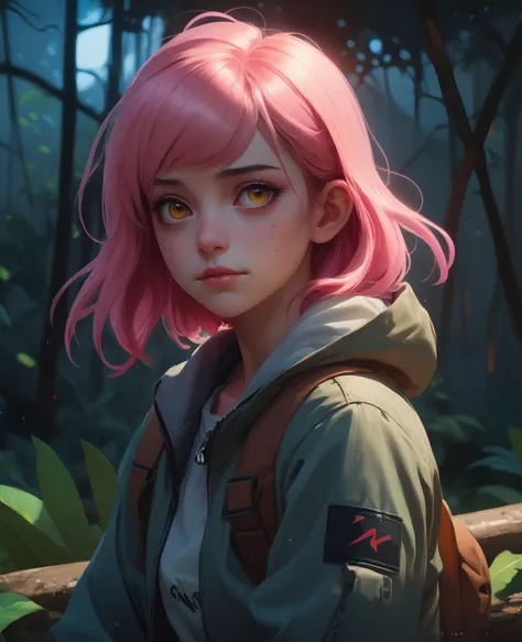 a portrait of a cute jungle explorer, dark jungle setting, vivid colors, soft lighting, atmospheric, cinematic, moody, in the style of ilya kuvshinov and range murata, krenz cushart, rule of thirds, oil on canvas, 8 k anakimaki, outdoors shooting star, photorealism, scenery, science fiction, sitting, sky, smile stickers, tree sparrowl, watermark removed, window, winter clothes, yellow eyes, zouriya yuuki, zipper, zoom layer, zombie game, zombie land adventure, zombie theme, zero two apocalypse, wooden wall