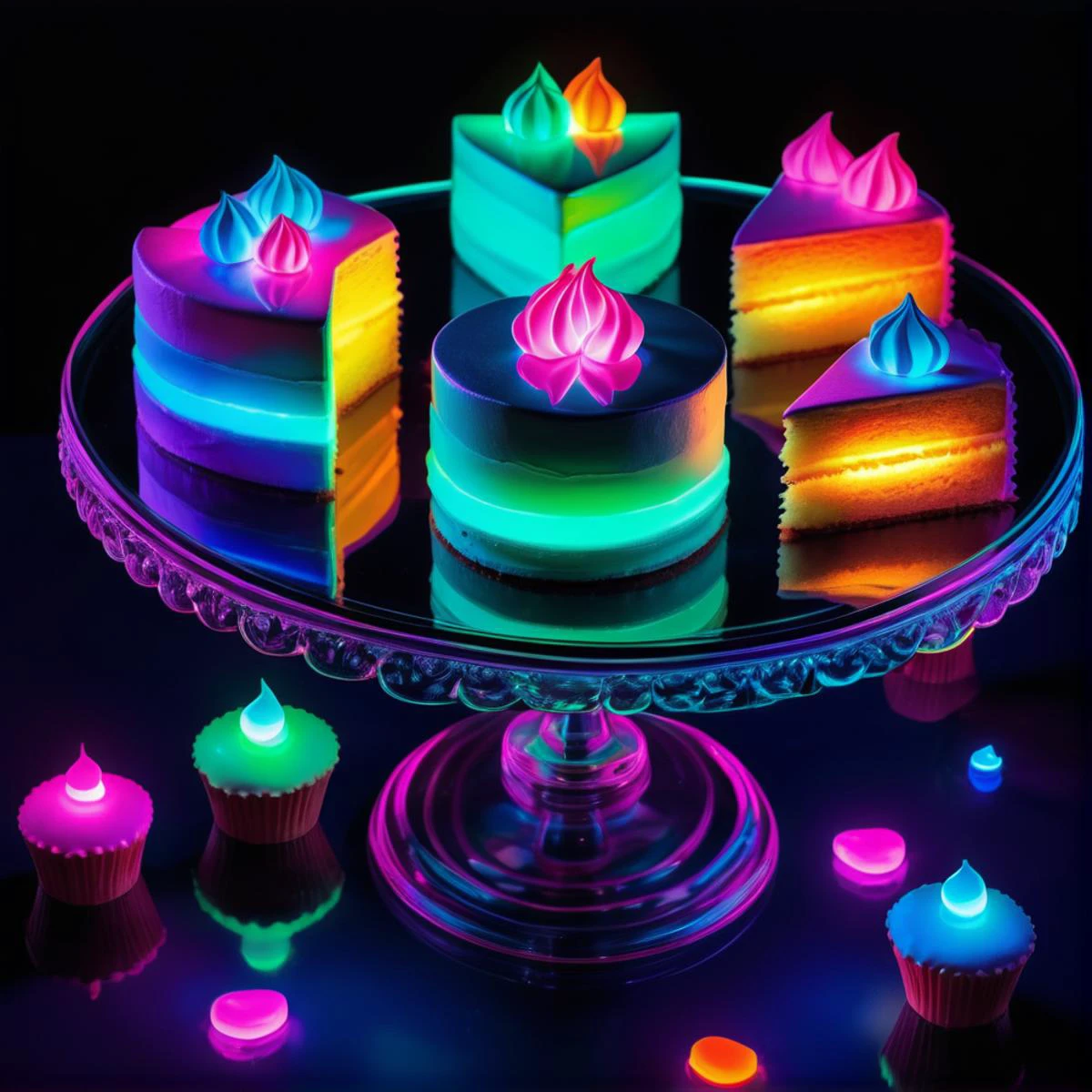 neon cakes on a glass table, bioluminescent, colorful, glow, Appetizing, professional, culinary, high-resolution, commercial, highly detailed