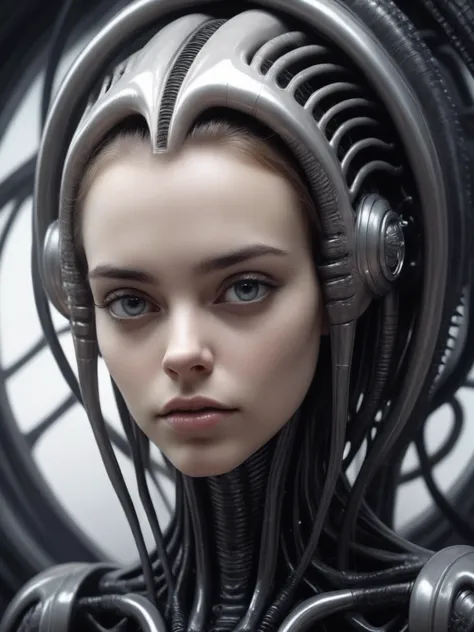 ((( by H. R. Giger style, and by Filip Hodas style))), masterpiece, (portrait a young woman), super detailed, elegant, Accent Lighting, ultra detailed cute face ,