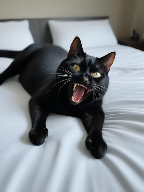 black cat lays on bed, stretches, yawns, photo realistic,