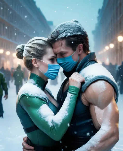 christmas in St. petersburg, detailed face, (by Aleksi Briclot, by Alyssa monks:1.4), close up selfie by Oleg Oprisco on iphone of a (subzero with face blue mask) in an embrace with (sonya blade with green bra), couple in love, action pose, mortal combat, perfect anatomy, cinematic lighting, best quality, Street fighter, snowflakes, blizzard