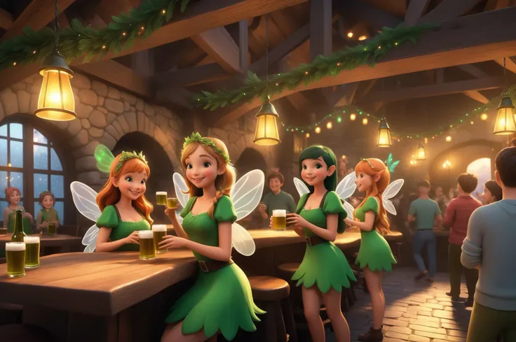 Digital Animation Wide-angle digital illustration, (Joyful fairies:1.8), Central composition, Wearing green outfits, (Fluttering wings:1.5), Gathering around wooden tables, Holding tiny mugs of (green ale:1.3), (Emerald accessories:1.2), Rustic Irish pub interior, Stone walls, Wooden beams, (Cozy firelight:1.2), Lively atmosphere, Dancing, (Festive decorations:1.3), Intricate digital brushwork, Vibrant color palette, Detailed textures., Creating animations using digital software, often for films, games, or interactive media.