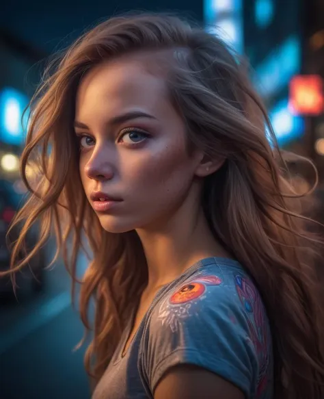 a (cute:1.1) girl, (epic portrait:0.85), flowing hair, sweaty skin, night, [[soft cinematic light, adobe lightroom, photolab, hdr, intricate, highly detailed, ]], ((by alan kenny, by tristan eaton)), (depth of field), epic realistic, mystical haze