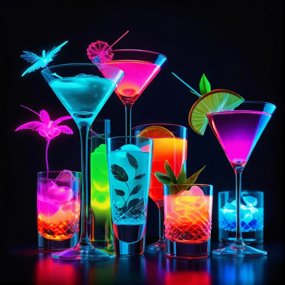 neon cocktails on a glass table, bioluminescent, colorful, glow, Appetizing, professional, culinary, high-resolution, commercial, highly detailed
