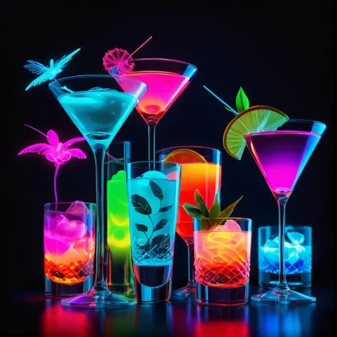 neon cocktails on a glass table, bioluminescent, colorful, glow, Appetizing, professional, culinary, high-resolution, commercial, highly detailed