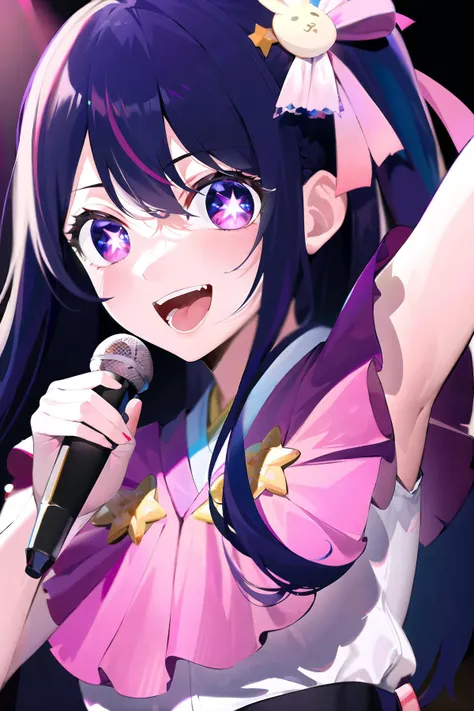 masterpiece, best quality, absurdres, highly detailed, 1girl, Hoshino Ai, long hair, purple hair, streaked hair, purple eyes, star-shaped pupils, hair ornament, (japanese idol outfit in pink), cheerful, open mouth, singing, happy, looking at viewer, stage spotlight, livehouse, detailed background