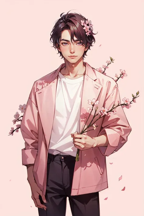 1male, solo, standing, holding flowers of cherry blossoms, simple pink background, <lora:Style_Re:1>
