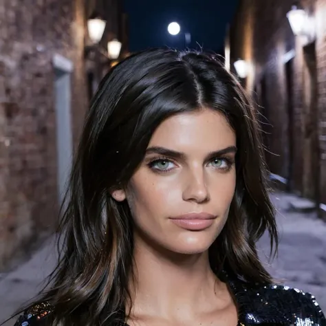 a photo of Sara Sampaio, ohwx woman, in a dark alley, night, moonlight, brick, trash, messy, (smile:0.5), (cinematic), cowboy shot, bokeh <lora:sarasampaio_SDXL:0.75>