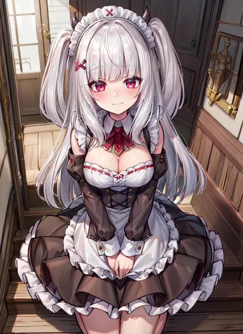 ((best quality)), ((highly detailed)), masterpiece, absurdres, extremely detailed face, beautiful face, (detailed eyes, deep eyes), (1girl), full body, <lora:hairdetailer:.7>, <lora:LucyPyre:.6>, Lucy Pyre Demon Spawn, white hair, long hair, two side up, blunt bangs, hair ornament, red eyes, medium breasts, blush, horns, tail, smirk, black dress, cleavage, maid, maid headdress, apron, (inside, in a stairway)