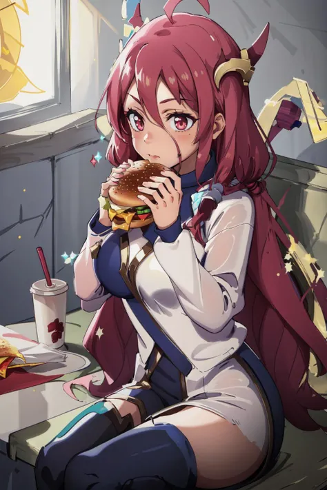 (masterpiece, best quality), intricate details,
1girl, <lora:tranqulity_dragon_karmaV3:0.8> tranquility dragon karma,
<lora:borger-nvwls-v4:0.8> two-handed burger, hamburger, mcdonalds, sitting at table,