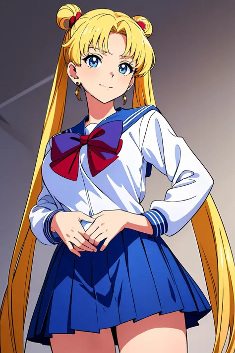 masterpiece,8k high quality detailed,highres,anime,,
illustration \(art_book\),(an illustration of a female,illustration \(female\),(solo)),
,SMUsagiTsukino,1girl,blonde hair,very long hair,twintails,double bun,blue eyes,earrings,large breasts,school_uniform_blue_serafuku_blue_back_bow_red_bowtie,Smirking:1.2,detailed_face,
((Hand on heart)),
From below, looking straight up at the subject,
(,realistic clothing texture,realistic_skin_texture),<lora:velvia:0.6>,<lora:SMUsagiTsukinoV15:0.47>,<lora:more_details:0.3>