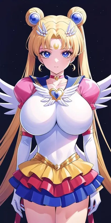 <lora:SMUsagiTsukinoV15:0.7> smusagitsukino, EternalSM_Yellow_layered_skirt_Pink_puffy_sleeves_White_gloves_White_boots_Wing_brooch_Red_choker_Red_ribbon_Wings_Hairpin_Red_bun_cover_Golden_crescent_forehead_mark, standing, solo, huge_breasts, masterpiece, best quality, detailed face, detailed eyes, highres,