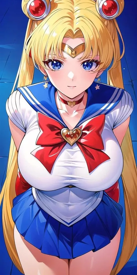 High resolution,  Sailor Moon, anime, masterpiece, 1girl, ((bimbo))), sexy face, blue eyes, blond hair, double buns, long twintails, puffy lips, painted lips, thick lips, wide hips, thick thigh, enormous fake breasts, huge round ass, shiny skin, parted bangs, hair ornament, circlet, jewelry, earrings, choker, see-through, underboob, red bow, white elbow gloves, blue skirt, sailor senshi uniform, oily skin, bossy, picture from above, open pussy