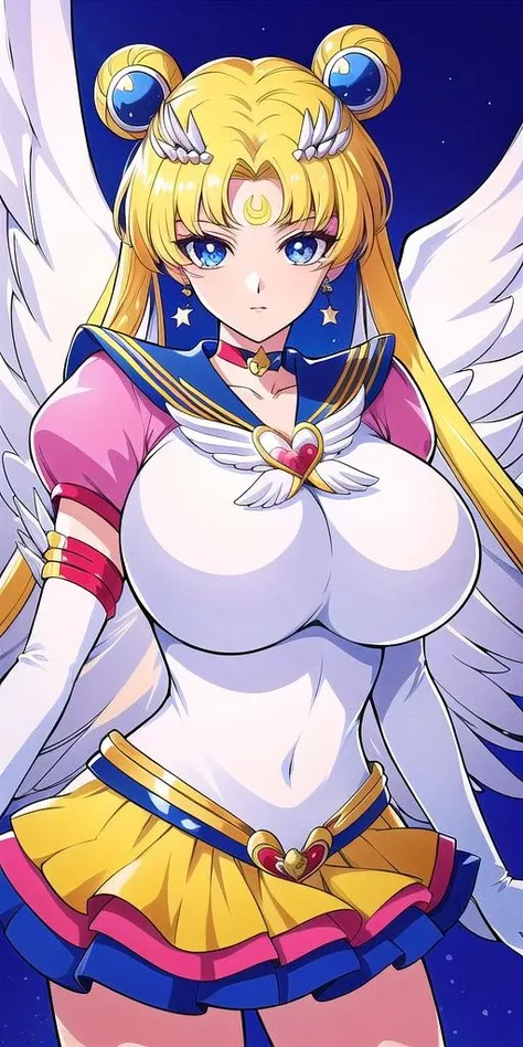 <lora:SMUsagiTsukinoV15:0.7> smusagitsukino, EternalSM_Yellow_layered_skirt_Pink_puffy_sleeves_White_gloves_White_boots_Wing_brooch_Red_choker_Red_ribbon_Wings_Hairpin_Red_bun_cover_Golden_crescent_forehead_mark, standing, solo, , masterpiece, best quality, detailed face, detailed eyes, highres,