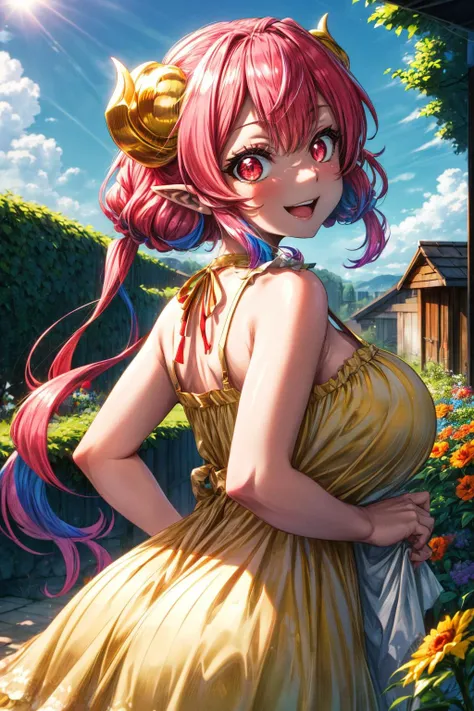 (masterpiece), best quality, (((ultra detailed, 8k quality))), expressive eyes, perfect face, perfect anatomy, perfect body, scene, <lora:scene_:0.7>, <lora:more_details:0.7>, <lora:beautiful_detailed_eyes:0.5>, <lora:GoodHands-beta2:0.7>, <lora:give_it_a_name:0.4>, dragon girl,dragon horns,shortstack,very long hair,multicolored hair,red hair,pink hair,twintails,sidelocks,bangs,pointy ears,slit pupils,red eyes,huge breasts, <lora:Iruru(kscnm):0.9>, from behind, (yellow sundress), garden, day, sunshine, smile, looking back