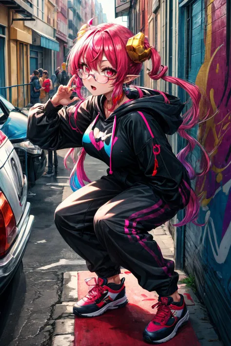 (masterpiece), best quality, (((ultra detailed, 8k quality))), expressive eyes, perfect face, perfect anatomy, perfect body, scene, <lora:scene_:0.7>, <lora:more_details:0.7>, <lora:beautiful_detailed_eyes:0.5>, <lora:GoodHands-beta2:0.7>, <lora:give_it_a_name:0.4>, dragon girl,dragon horns,shortstack,very long hair,multicolored hair,red hair,pink hair,twintails,sidelocks,bangs,pointy ears,slit pupils,red eyes,huge breasts, <lora:Iruru(kscnm):0.9>, glasses, urban and street style, graffiti-inspired colors, cool and edgy attire, baggy pants, oversized hoodie, stylish sneakers, fashionable accessories, hip hop jewelry, confident expression, graffiti walls, energetic and vibrant atmosphere