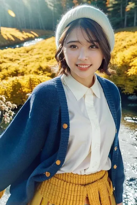 1girl,(wearing a cardigan and long skirt:1.2),(wearing a wooly beret),(RAW photo, best quality), (realistic, photo-realistic:1.4), masterpiece, an extremely delicate and beautiful, extremely detailed, 2k wallpaper, Amazing, finely detail, extremely detailed CG unity 8k wallpaper, ultra-detailed, highres, soft light, beautiful detailed girl, extremely detailed eyes and face, beautiful detailed nose, beautiful detailed eyes,cinematic lighting,(in a beautiful forest of pine trees at a Japanese countryside),(autumn scenery:1.3),(maple trees in autumn),(by a small rocky river),(morning light),perfect anatomy,slender body,smiling,<lora:tamaishiori_lora:0.8>,(very short hair:1.4)
