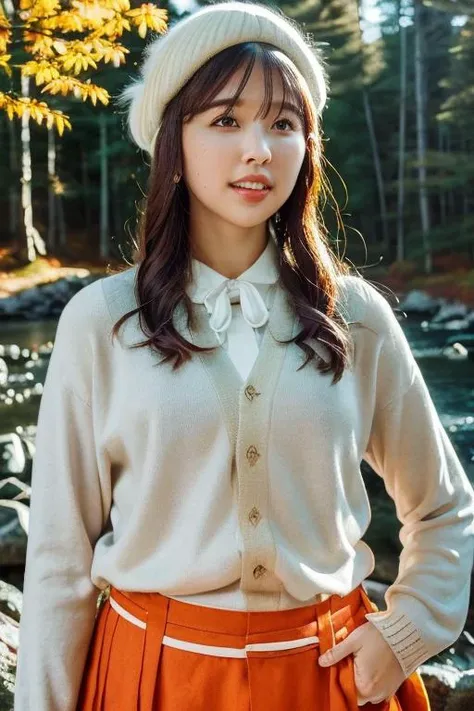 1girl,(wearing a cardigan and long skirt:1.2),(wearing a wooly beret),(RAW photo, best quality), (realistic, photo-realistic:1.4), masterpiece, an extremely delicate and beautiful, extremely detailed, 2k wallpaper, Amazing, finely detail, extremely detailed CG unity 8k wallpaper, ultra-detailed, highres, soft light, beautiful detailed girl, extremely detailed eyes and face, beautiful detailed nose, beautiful detailed eyes,cinematic lighting,(in a beautiful forest of pine trees at a Japanese countryside),(autumn scenery:1.3),(maple trees in autumn),(by a small rocky river),(morning light),perfect anatomy,slender body,smiling,<lora:tamaishiori_lora:1>