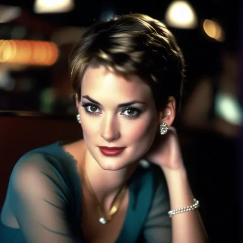 <lora:winonaryder_sdxl:1>,  winonaryder, beauty photography, beautiful shy young  woman, age 30, bob hairstyle, sitting, face closeup, 70s clothing, vintage coffee shop,  chiaroscuro lighting, eye level, shot on large format, Fujicolor Pro, bokeh, in style of Miles Aldridge