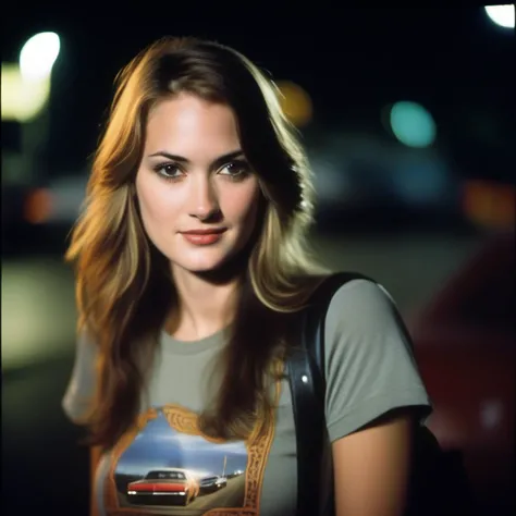 <lora:winonaryder_sdxl:1>,  winonaryder, analogue photo, beautiful shy young  woman, age 25, with long  hair, Retro-inspired t-shirt with a vibrant and nostalgic 70s or 80s design, standing, upper body, old chevy on a new york street, evening, cinematic lighting, eye level, shot on Leica M3, Fujicolor Pro, vignette, in style of Alex Timmermans