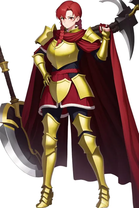 masterpiece, best quality, absurdres, FEH, <lora:FEH:0.8>, white background, simple background,
1girl, solo, standing, full body, titania \(fire emblem\), red hair, side braid, mature female, red cape, armored boots, armor, pauldrons, axe, huge weapon, knight, white armor