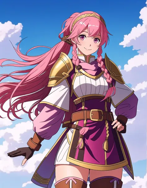 FEH, FEH-Style, Fire Emblem, Fire Emblem Heroes, Olivia (Fire Emblem), Olivia (Fire Emblem: Heroes), 1girl, solo, braid, pink hair, long hair, gloves, hairband, full body, twin braids, boots, ponytail, fingerless gloves, armor, thighhighs, looking at viewer, brown footwear, bangs, smile, shoulder armor, pink eyes, knee boots, belt, side braid