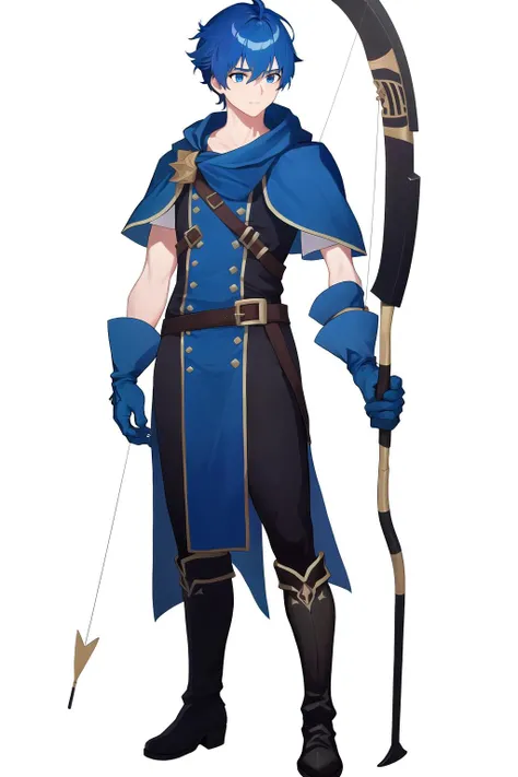 masterpiece, best quality, absurdres, FEH, <lora:FEH:0.8>, white background, simple background,
1boy, solo, standing, full body, julia \(fire emblem\), bow \(weapon\), arrow \(projectile\), short hair, blue hair, blue eyes, gloves, boots