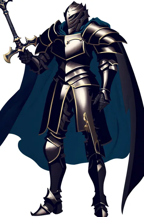 masterpiece, best quality, absurdres, FEH, <lora:FEH:0.8>, white background, simple background,
solo, standing, full body, black knight \(fire emblem\), cape, armored boots, armor, pauldrons, helmet, sword, huge weapon, knight, black armor,