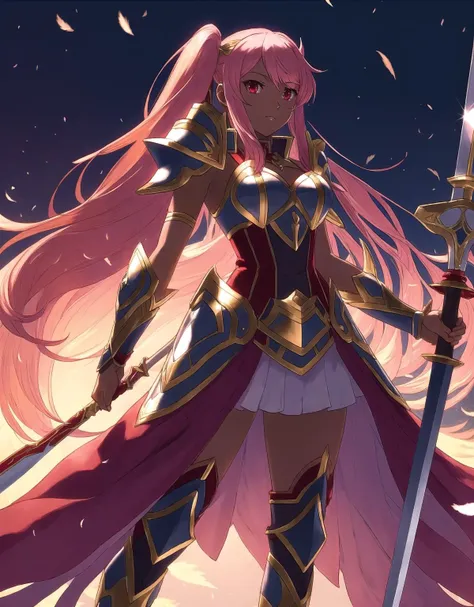 FEH, FEH-Style, Fire Emblem, Fire Emblem Heroes, Laevatein (Fire Emblem), Laevatein (Fire Emblem: Heroes), 1girl, solo, weapon, dark-skinned female, dark skin, black and red armor, long hair, full body, red eyes, twintails, holding, feather trim, holding weapon, pink hair, hair ornament, sword, bangs, bare shoulders, breasts, gradient, multicolored hair, gradient hair, holding sword, looking at viewer, closed mouth, armor, standing, medium breasts, hand on hip, gauntlets, orange hair, thighhighs, sleeveless, cleavage, shiny, shiny hair, feathers