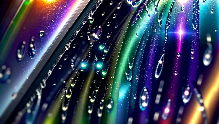 <lora:PsychedelicFluids:0.3> extreme close-up of raindrops on a window, reflections, highlights, laser prism spectrum gradient background lighting, quantum matrix interference pattern foreground, vibrant, shiny,